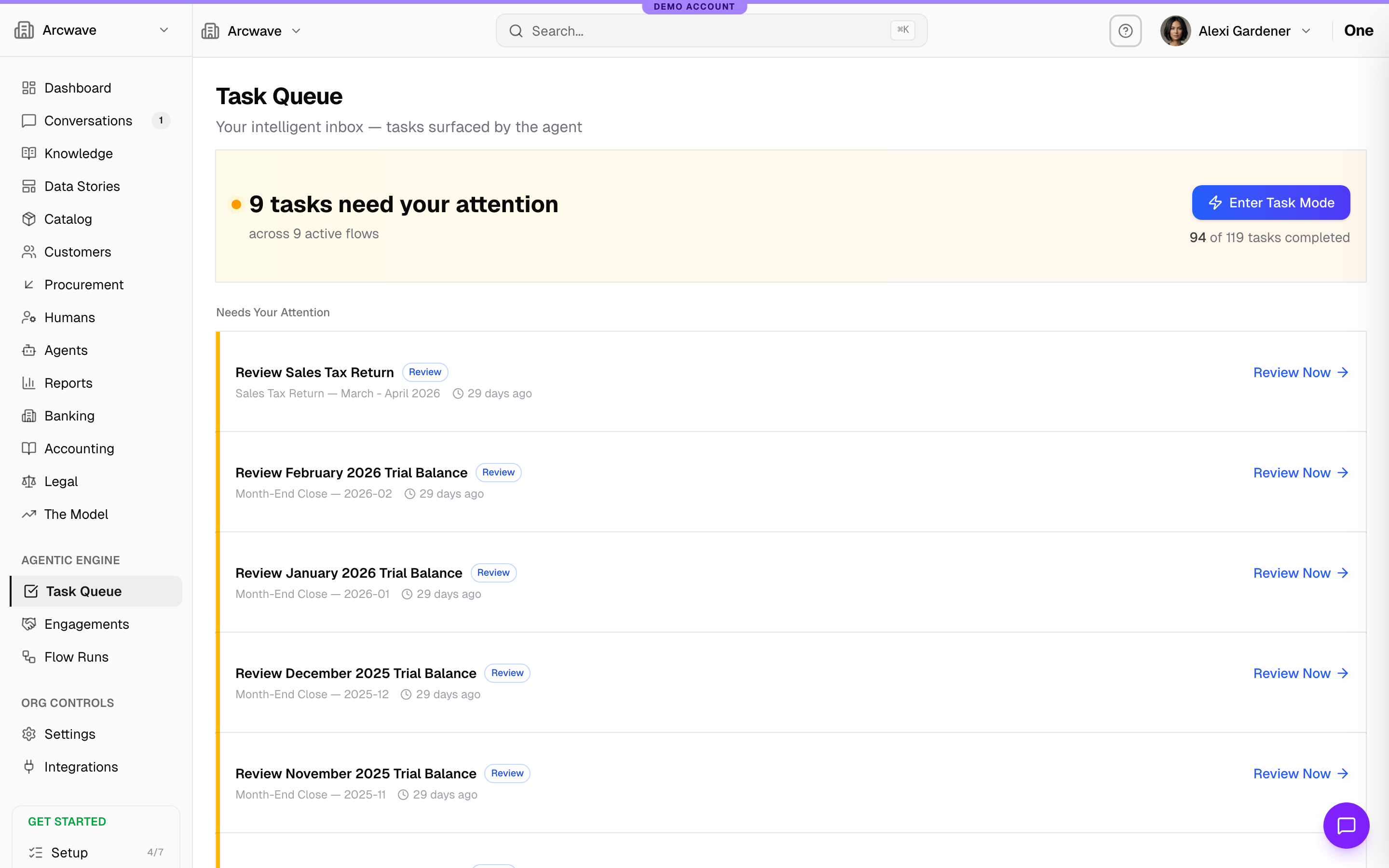Task queue running the month-end close flow live